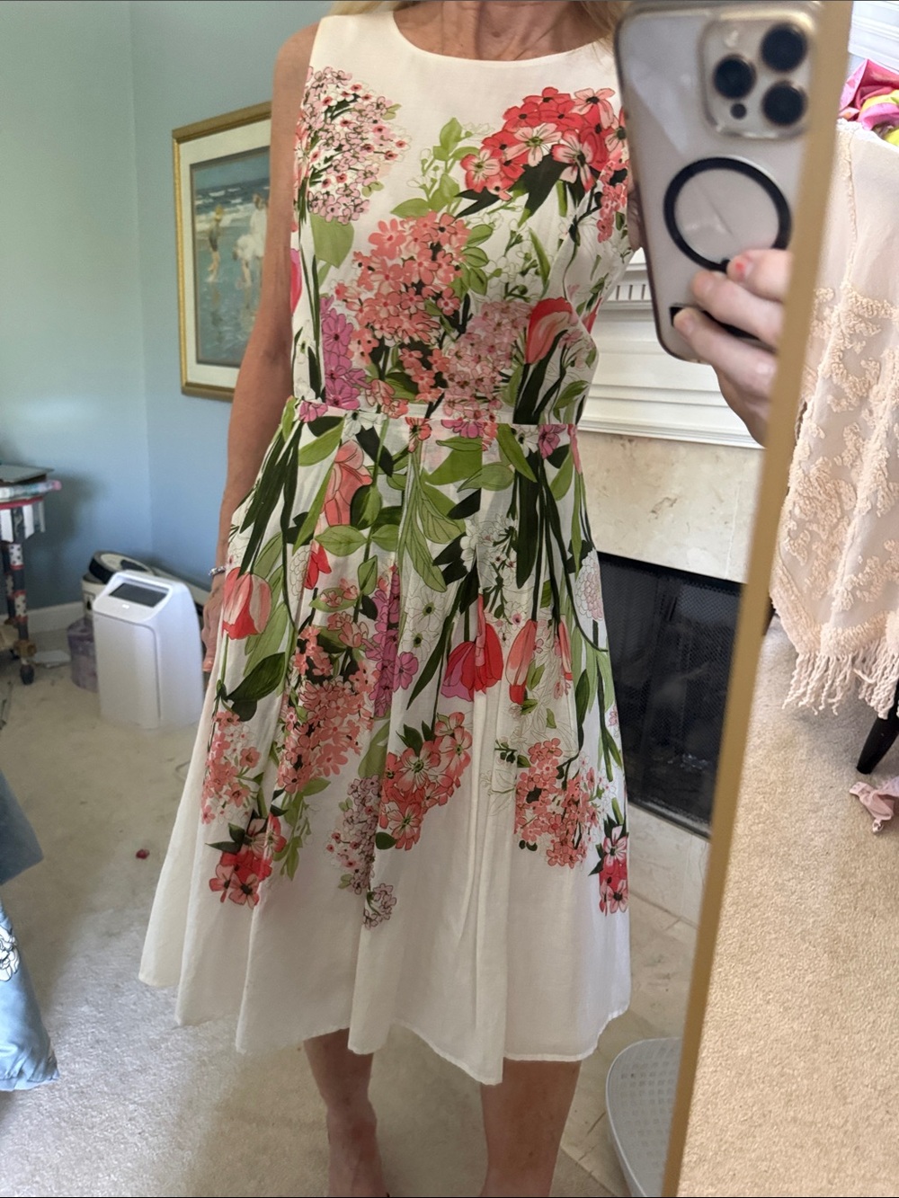 Tommy Hilfiger Floral Fit-and-Flare Midi Dress in White and Pink Cotton dress